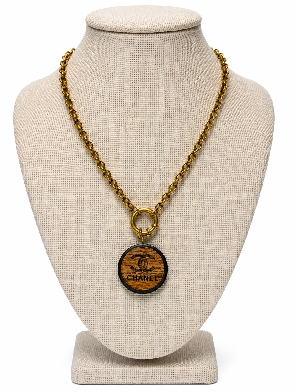 CHANEL Gold and Wood Round Logo Pendant Chain Necklace